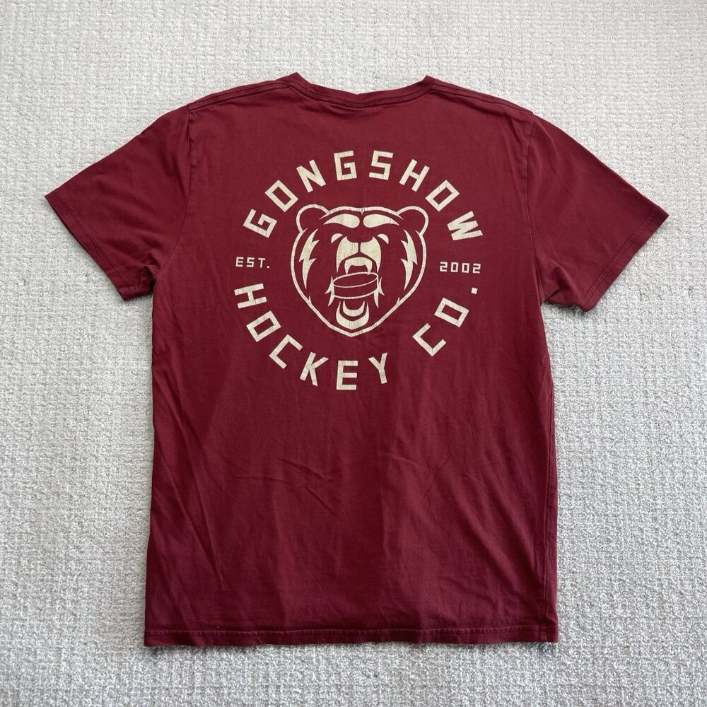 Gongshow Gear Red Bear Logo T-Shirt Men Size Large Canada Hockey Est. 2002 Read*